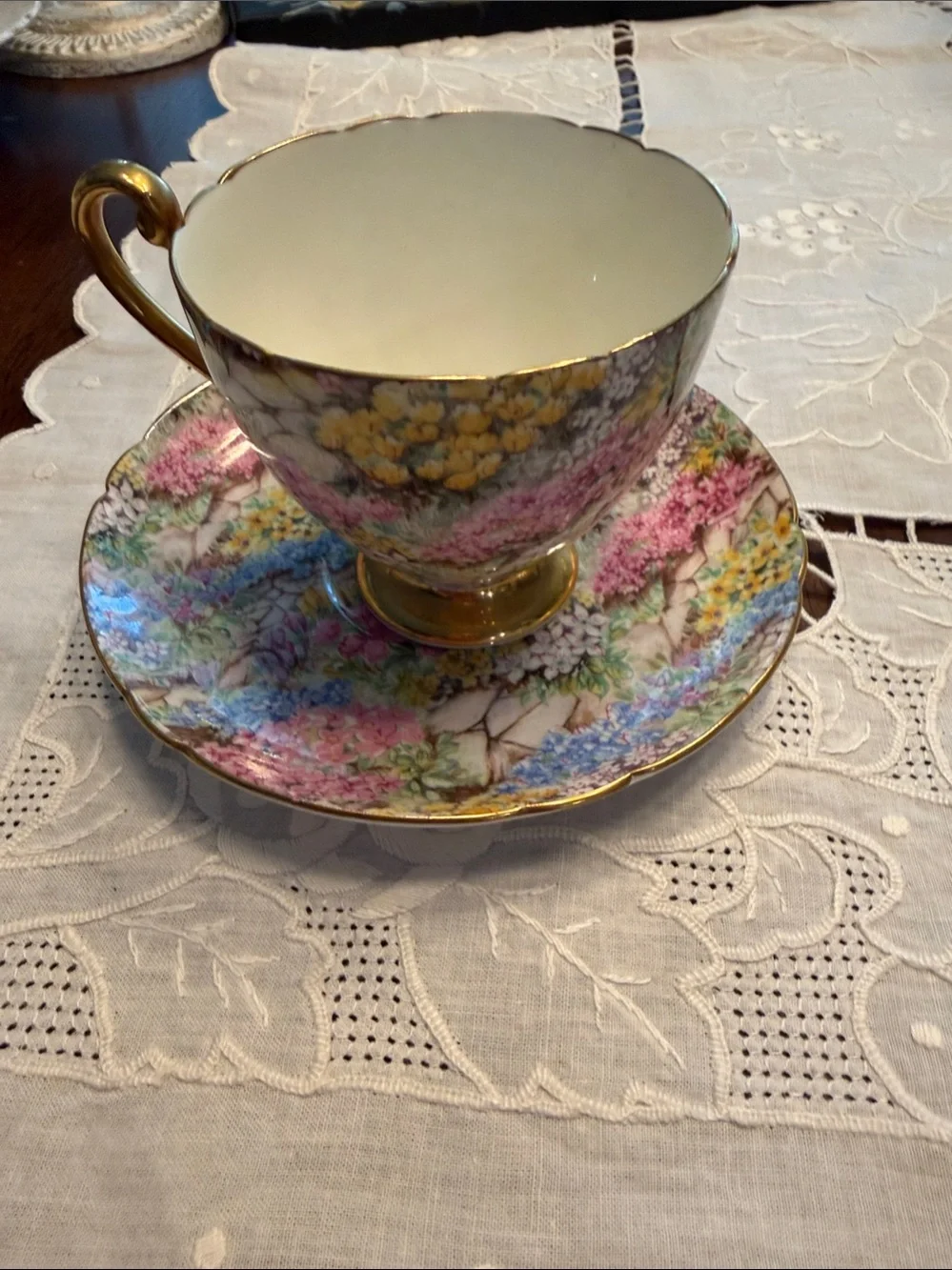 Floral Gold-Trim Porcelain Teacup and Saucer - Pink, Yellow, Blue